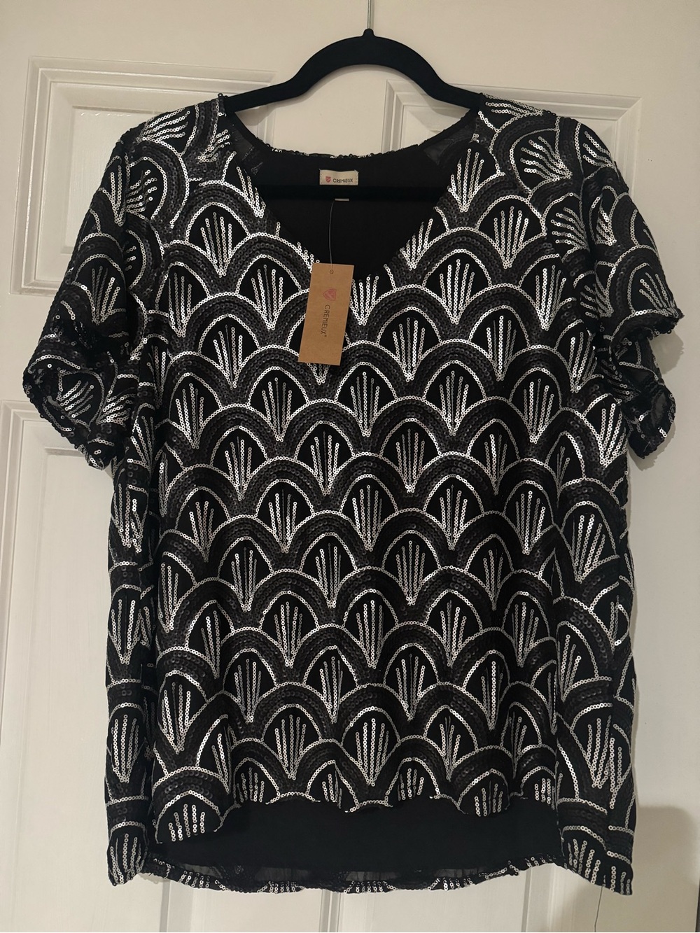 Daniel Cremieux Black Top with Silver Sequin Art Deco Pattern
